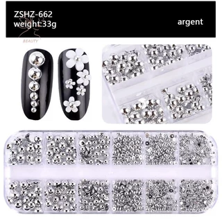 [maybeauty] 12Grids ผสมมุกครึ่งวงกลมทองและเงินเล็บ Charms ตกแต่งเล็บอุปกรณ์ร้านทําเล็บ {TH}