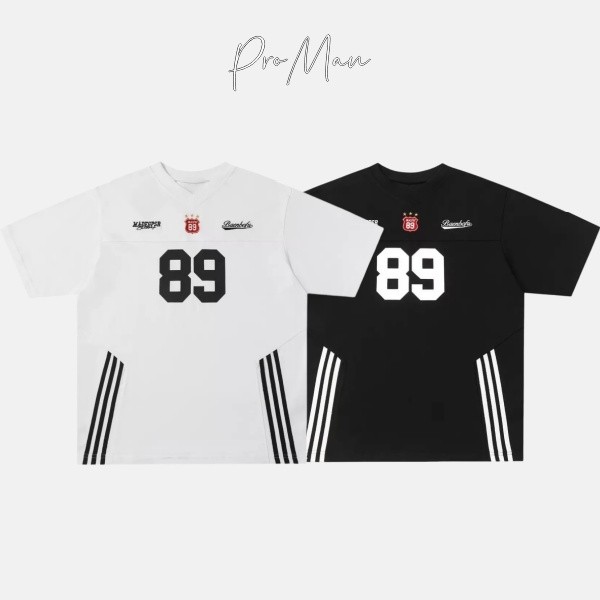 ⚡ProMan⚡แขนสั้นพิมพ์ลายตัวอักษรผู้ชาย  สีต่อ  เสื้อวินเทจสไตล์อเมริกัน  ลายทาง  แบบหลวม