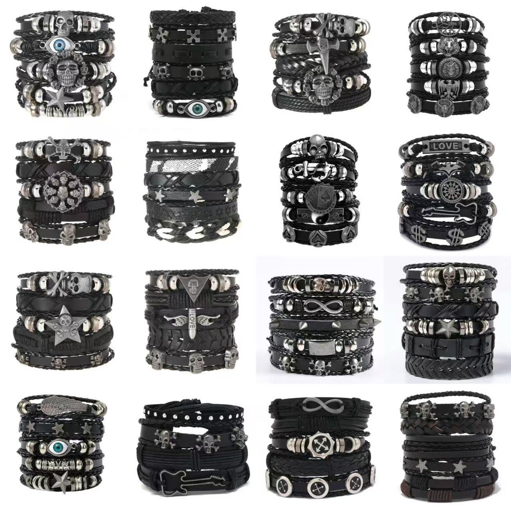 สายรัดข้อมือหนังสไตล์ปังก์โกลิก สเกルเพนแทแกรม สำหรับผู้ชาย สร้อยข้อมือ retro พร้อมสร้อยข้อมือ