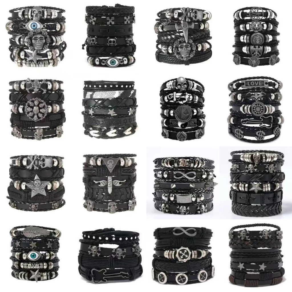 สายรัดข้อมือหนังสไตล์ปังก์โกลิก สเกルเพนแทแกรม สำหรับผู้ชาย สร้อยข้อมือ retro พร้อมสร้อยข้อมือ