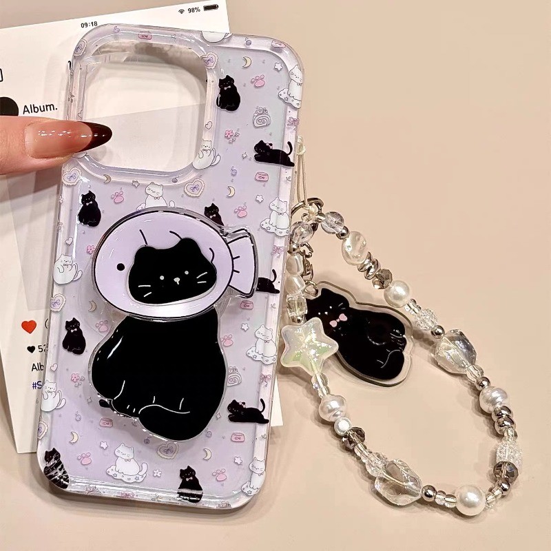เข้ากันได้กับ iPhone 16 15 14 13 12 11 Pro Max X Xr Xs Max 7 8 Plus SE2020 เคสโทรศัพท์การ์ตูนโบว์สีม่วงแมวดํา + ขาตั้งคู่นุ่มปกหลัง