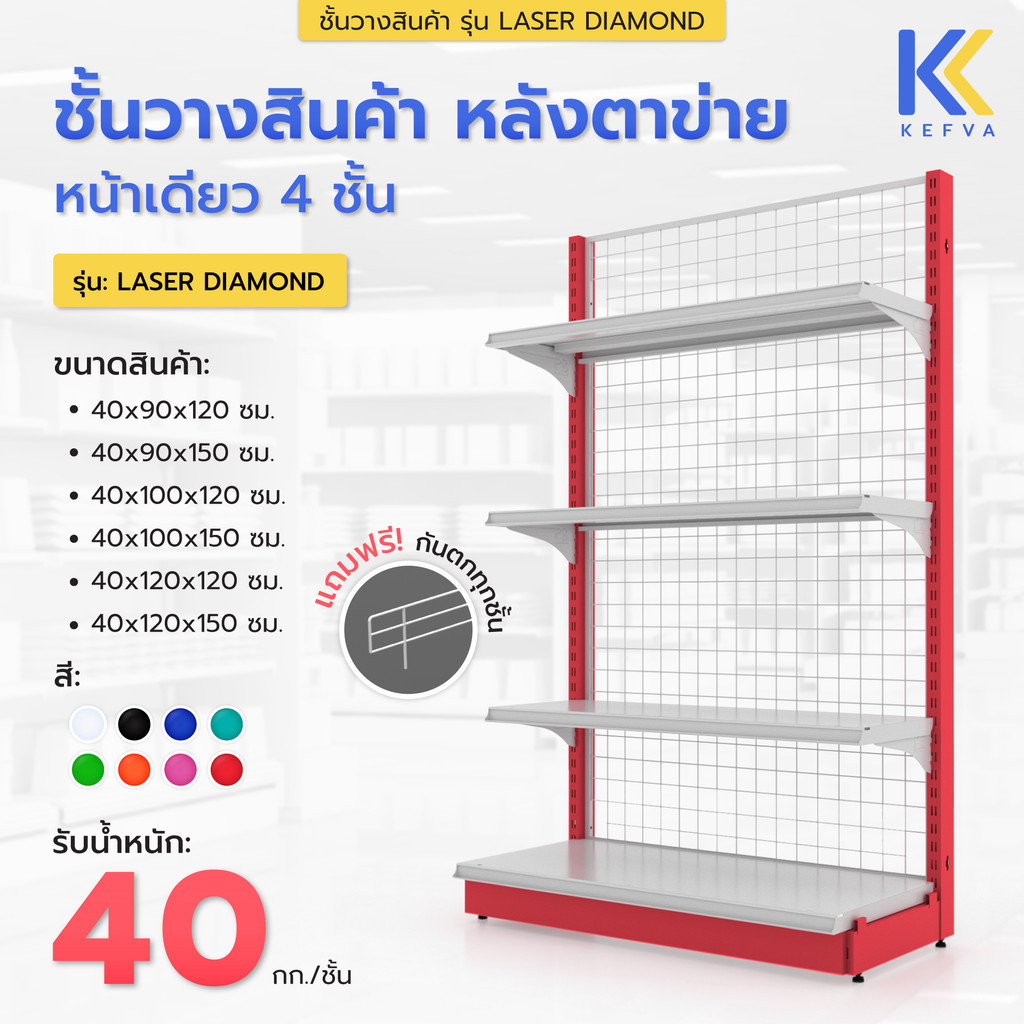 Kefva ชั้นวางสินค้ามินิมาร์ท 4 ชั้น หน้าเดียว หลังตาข่าย สูง 120-150 cm รุ่น Laser Diamond 40kg (แถมฟรี! กันตก+กันเท้า)