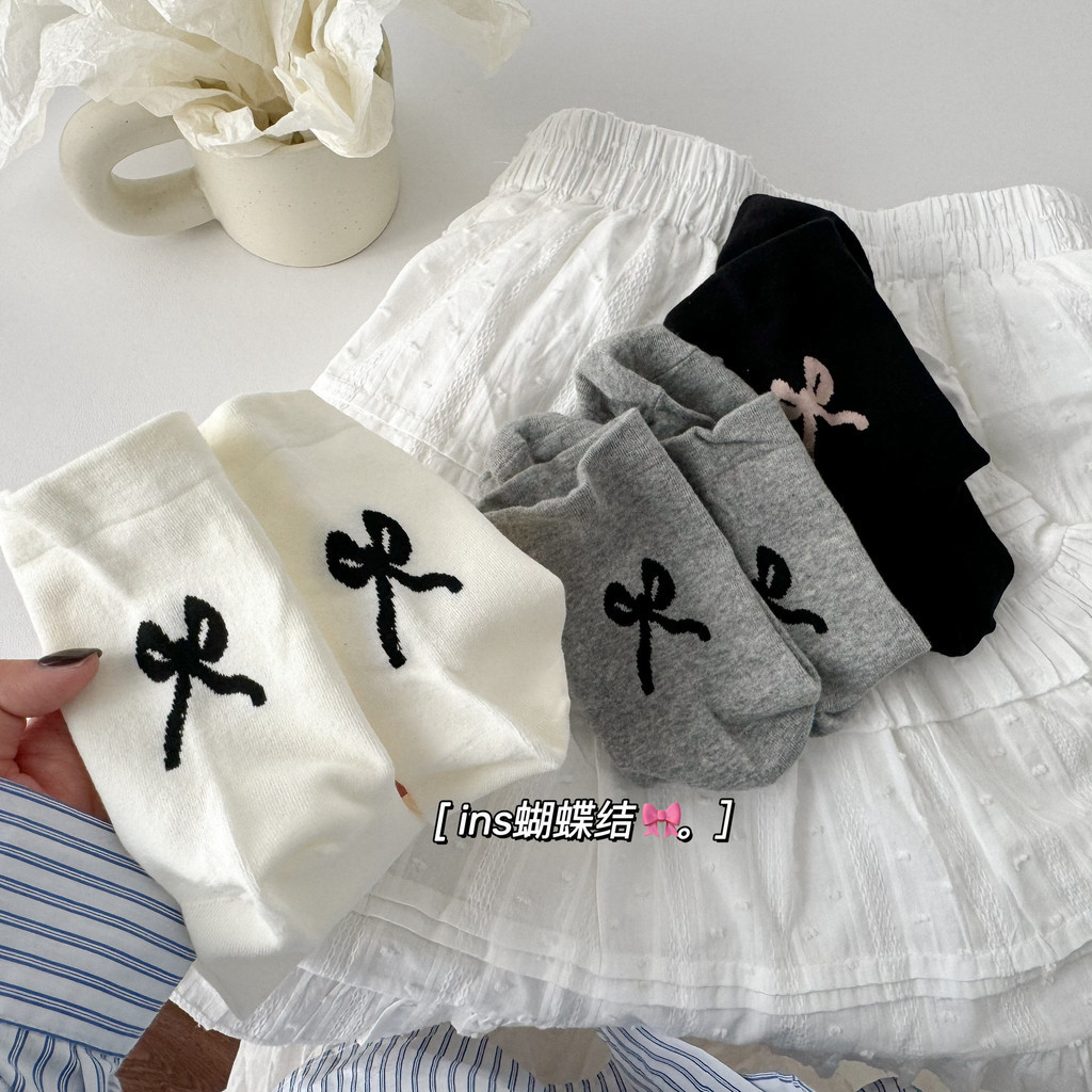 ส้นbowknot Pure Desireสไตล์Niche Seriesถุงเท้ากลางหลอดฤดูใบไม้ผลิฤดูร้อนสินค้าใหม่น้ําหนักเบาIns Preppyสไตล์Pileถุงเท้า