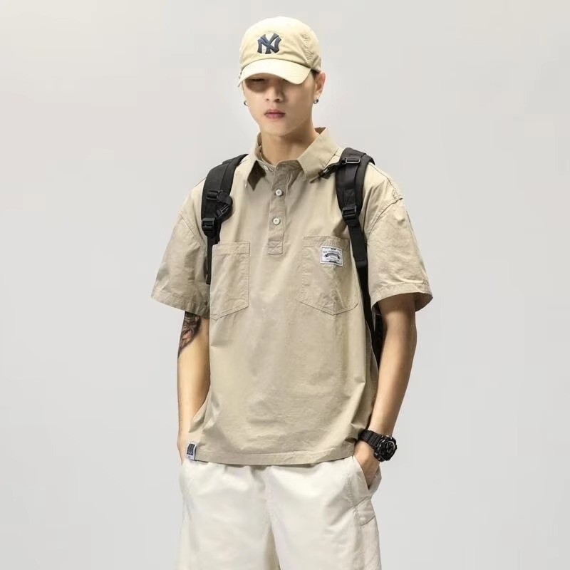 2024 ฤดูร้อนชายเสื้อครึ่งแขน Street Wear Workwear Leisure เรียบง่ายหลวมเสื้อยืดสีทึบ