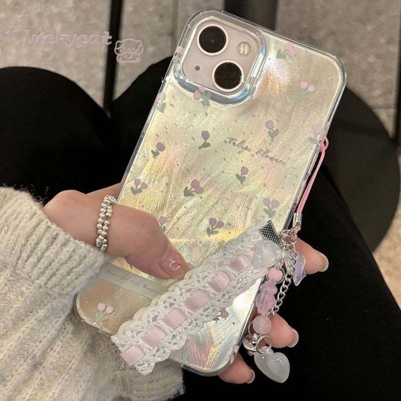 Iphone 15 14 13 12 11 Pro Max X Xr Xs Max 7 8 Plus SE2020 เคสโทรศัพท์หัวใจสาวสดน่ารักทิวลิปสีชมพู + Lanyard ฝาครอบโทรศัพท์แบบนุ่ม