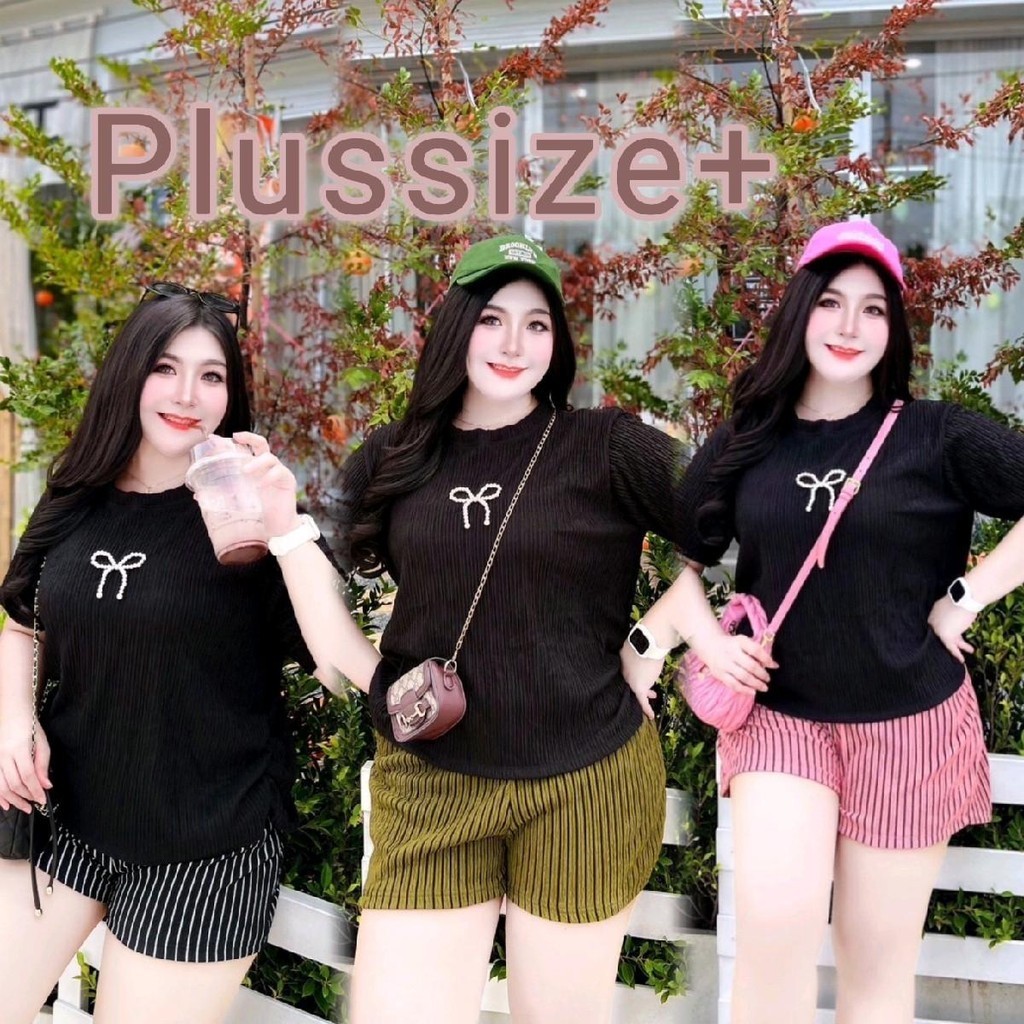Plussize035 ชุดเซ็ทโบว์มุกขาสั้นลายทางสาวอวบ