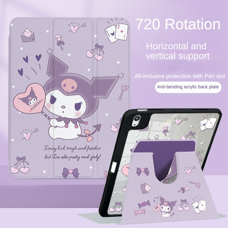 เคส Ipad 360 ° Rotationmagic Wand Kuromi พร้อมผู้ถือปากกาเหมาะสําหรับอะคริลิค iPad Air6 Gen7/8/9 10.2 Gen5/6 9.7 Air4 Air5 10.9 Pro11 Gen10