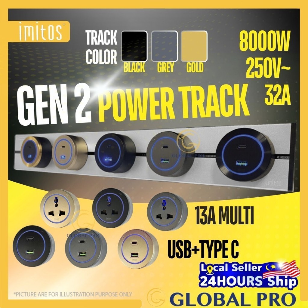 Imitos Gen 2 Power Track Socket Switch 8000W 32A Long Rail Bar Multi/USB พร้อมไฟ LED โมเดิร์นออกแบบสายไฟแบน