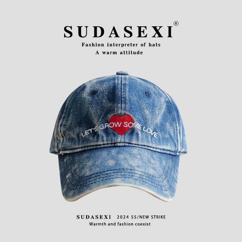 P Plain Single Shesi American Retro Washed Light Denim เบสบอลหมวกหญิงคู่ Love เย็บปักถักร้อย Sweet Cool Hot Girl หมวก