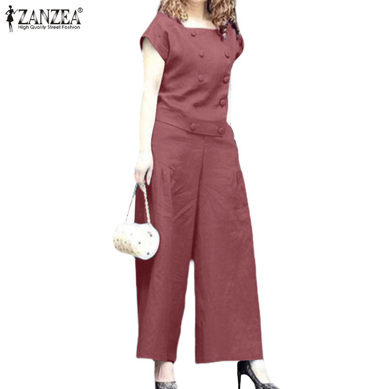 ZANZEA ซานเซีย ผู้หญิงวินเทจคู่หน้าอกแขนสั้นขากว้างกระเป๋าซิปชุดสีทึบ