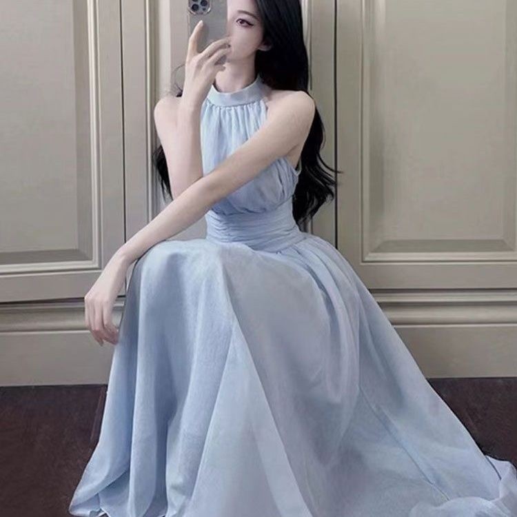 Caila ฝรั่งเศสอ่อนโยนอารมณ์หวาน High-End ชุด Slim-fit แคบเอว Blue Fairy Halterneck ฤดูร้อนสไตล์ใหม่แขนกุดชุดฤดูร้อนชุดยาวชุด Slimmer ดูชุดฤดูร้อน ราคา ถูกที่สุด ดีลบีเคเค แกลเลอรีภาพที่ 3