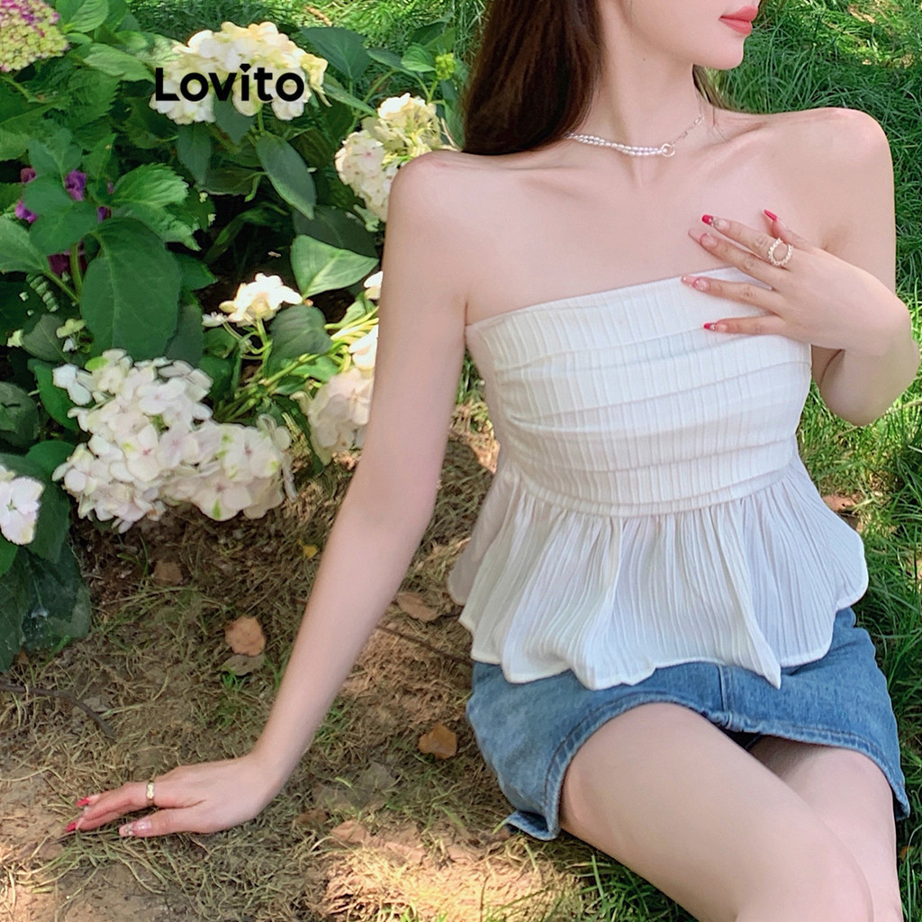 Lovito เสื้อเกาะอกผู้หญิง แต่งชายระบาย แต่งจีบ สีพื้น สไตล์ลำลอง LNE35069 (สีขาว/สีน้ำเงิน/สีดำ)