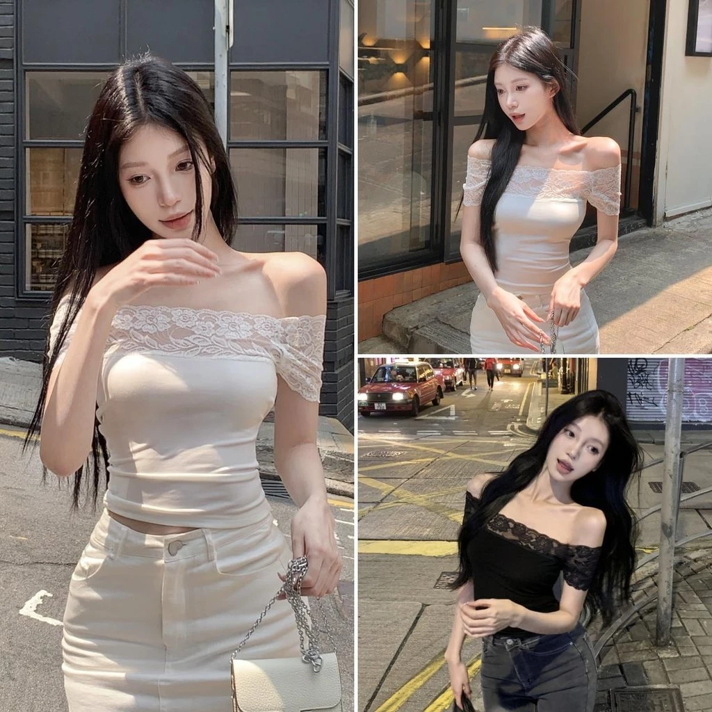 Hotgirl พร้อมส่ง✨เสื้อรัดรูปผู้หญิง เสื้อยืดปาดไหล่ ผ้ายืดรัดรูปสวย แผงลูกไม้ ดีไซน์เก๋ไก้และเซ็กซี่ รุ่นใหม่ฤดูร้อน