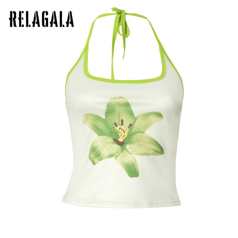 Relagala ผู้หญิง 2024 ใหม่แฟชั่น Casual พิมพ์ Suspender เซ็กซี่ Backless Slim Crop Top