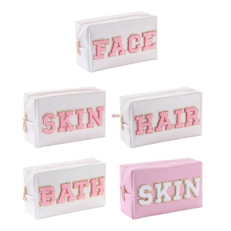 Seng Letter Patch กระเป๋าเครื่องสําอางกระเป๋าแต่งหน้าพร้อมสายรัดข้อมือกันน้ํา