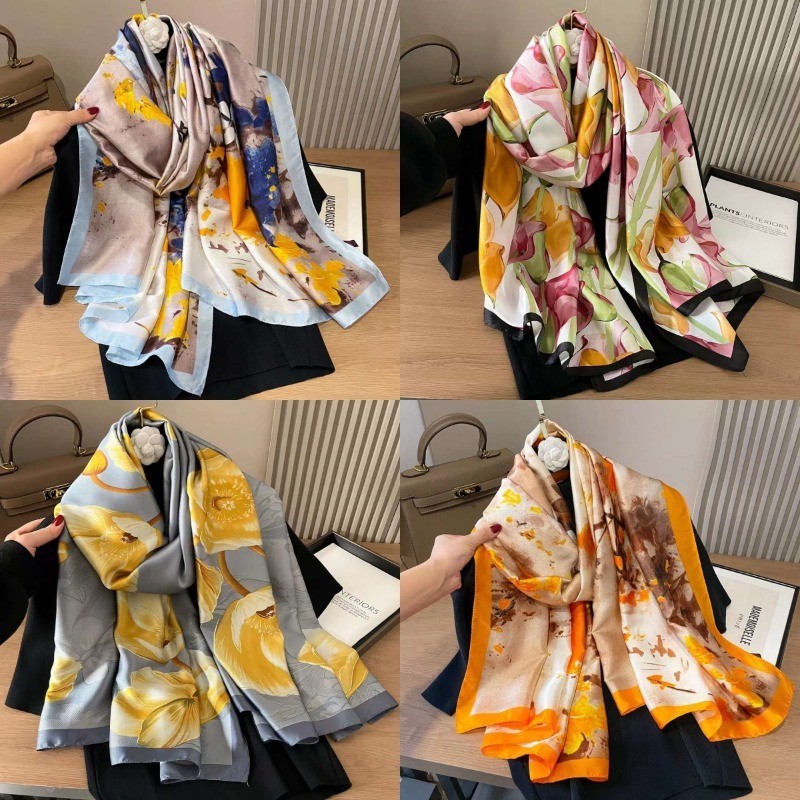 ผ้าพันคอไหมพิมพ์แฟชั่นกันแดดระบายอากาศ Hijab ผ้าคลุมไหล่ WJ18090-V