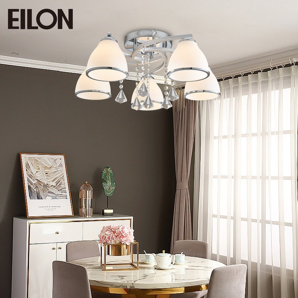 AJuShop EILON โคมไฟติดเพดาน 5 หัว ขั้ว E27 ขนาด 55*55*22cm รุ่น WX302/5 สีโครเมียม-ขาว **ถูกมาก