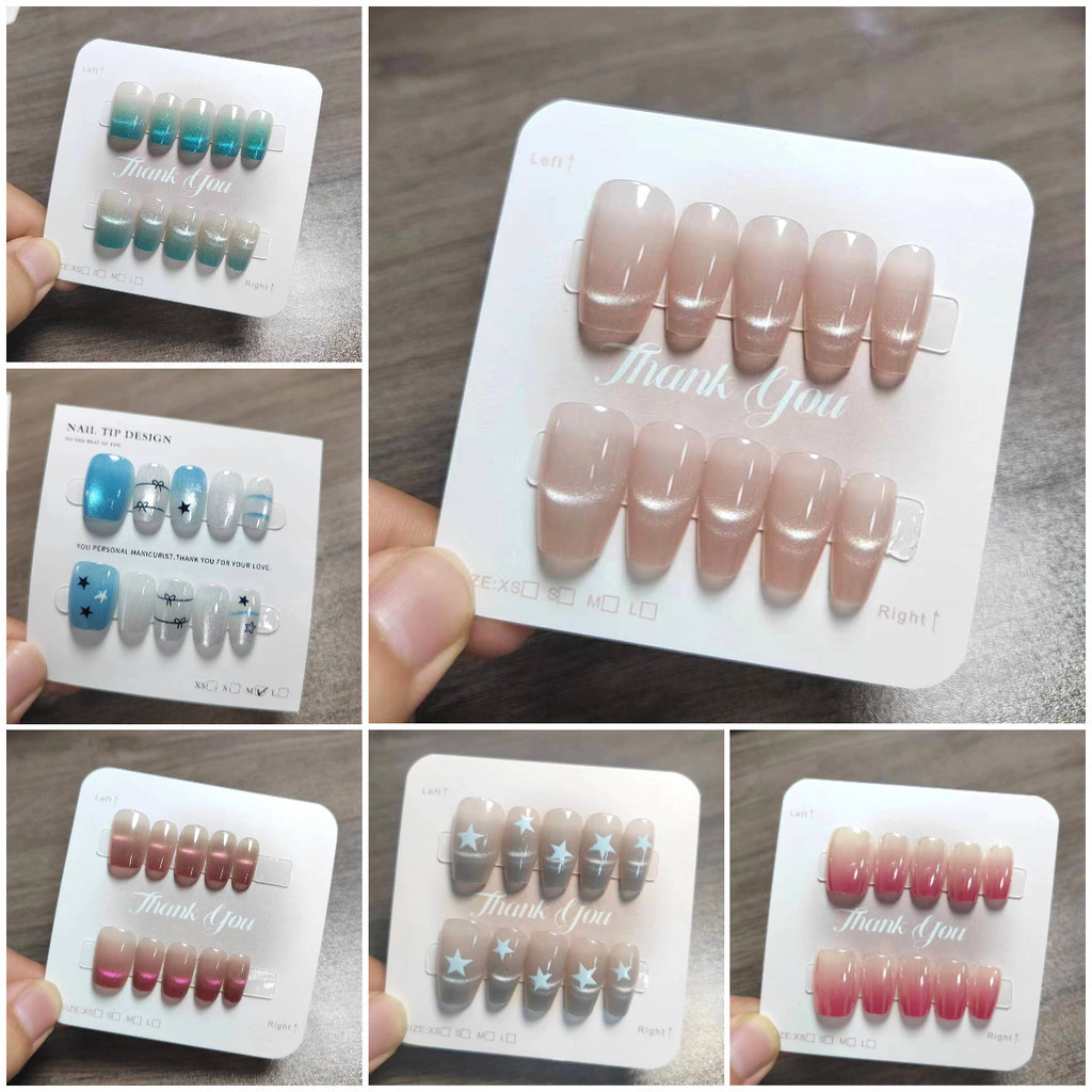Handmade 10 ชิ้นยิ้ม Cat Eye Design เล็บปลอมพร้อม Jelly Gel