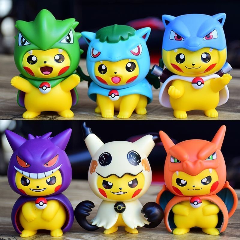 Pikachu ตาบอดกล่องคอสเพลย์ซีรีส์6ชิ้น/เซ็ต Pikachu รูปน่ารักตกแต่งโต๊ะเครื่องประดับตารางเค้กสก์ท็อปตกแต่งแดชบอร์ดของเล่นของขวัญสำหรับสาวเด็ก Pikachu ของเล่น