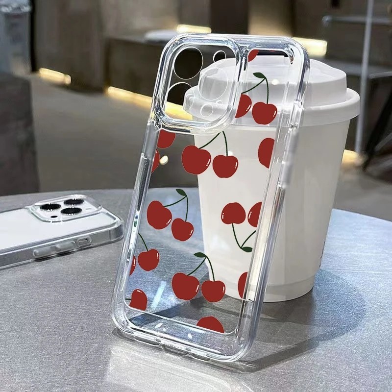 SAMSUNG สําหรับsamsung Galaxy S24 S23 Plus Ultra S23 FE S22 S21 Plus Ultra S21 FE S20 FEโปร่งใสนุ่มเคสโทรศัพท์สีแดงเชอร์รี่
