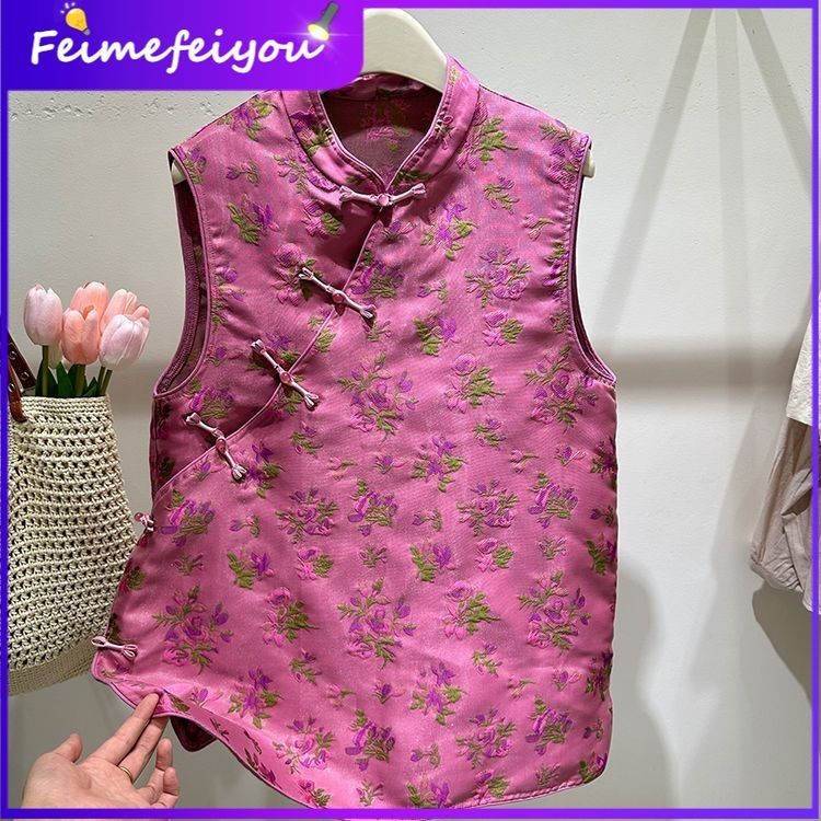 [ยิงจริง]High-End ใหม่สไตล์จีนretro Courtesanผู้หญิงปุ่มRose Red Floralหลวมเสื้อกั๊ก