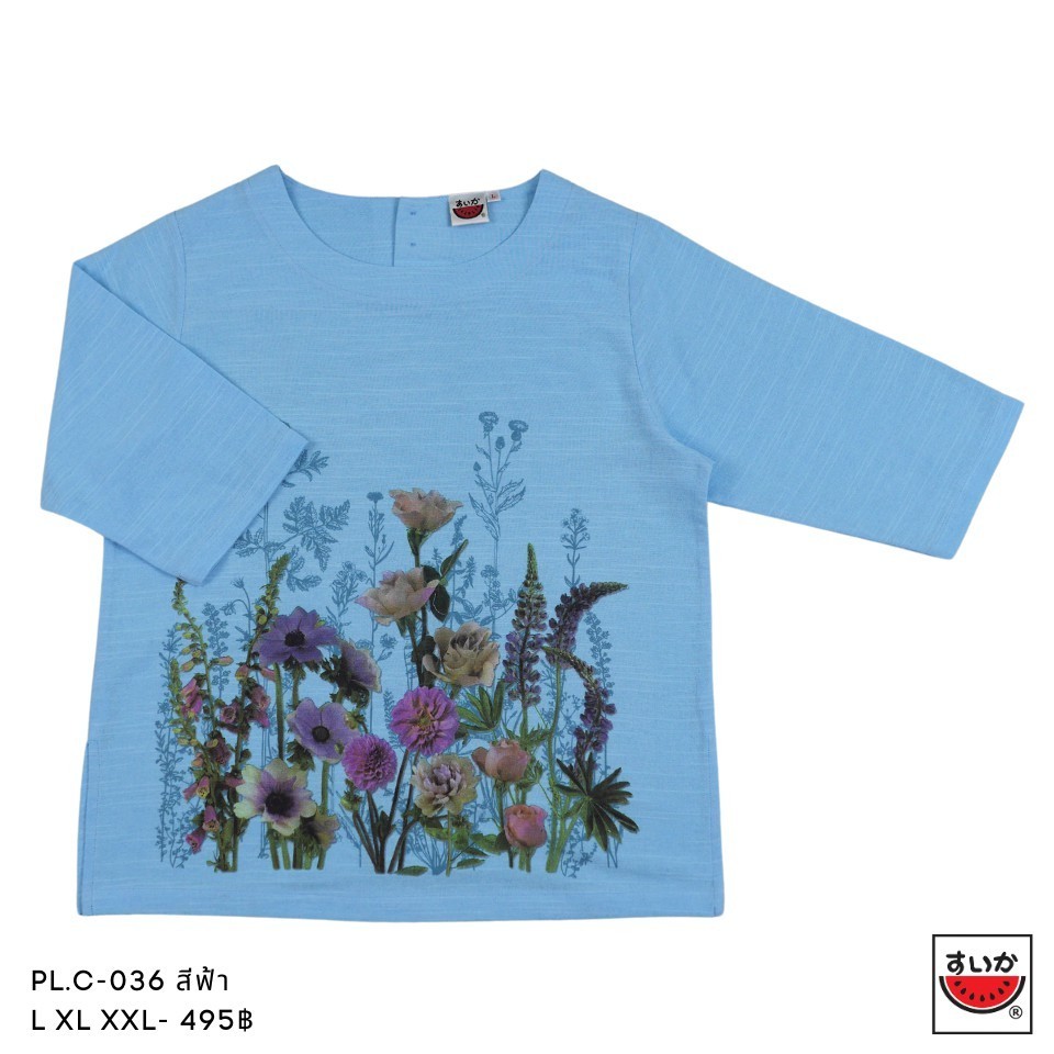 เสื้อแตงโม (SUIKA) - เสื้อแตงโม คอปาดแขนสามส่วน ผ้าสลาฟ พิมพ์ลายดอกไม้ ( PL.C3-049 199 167 )