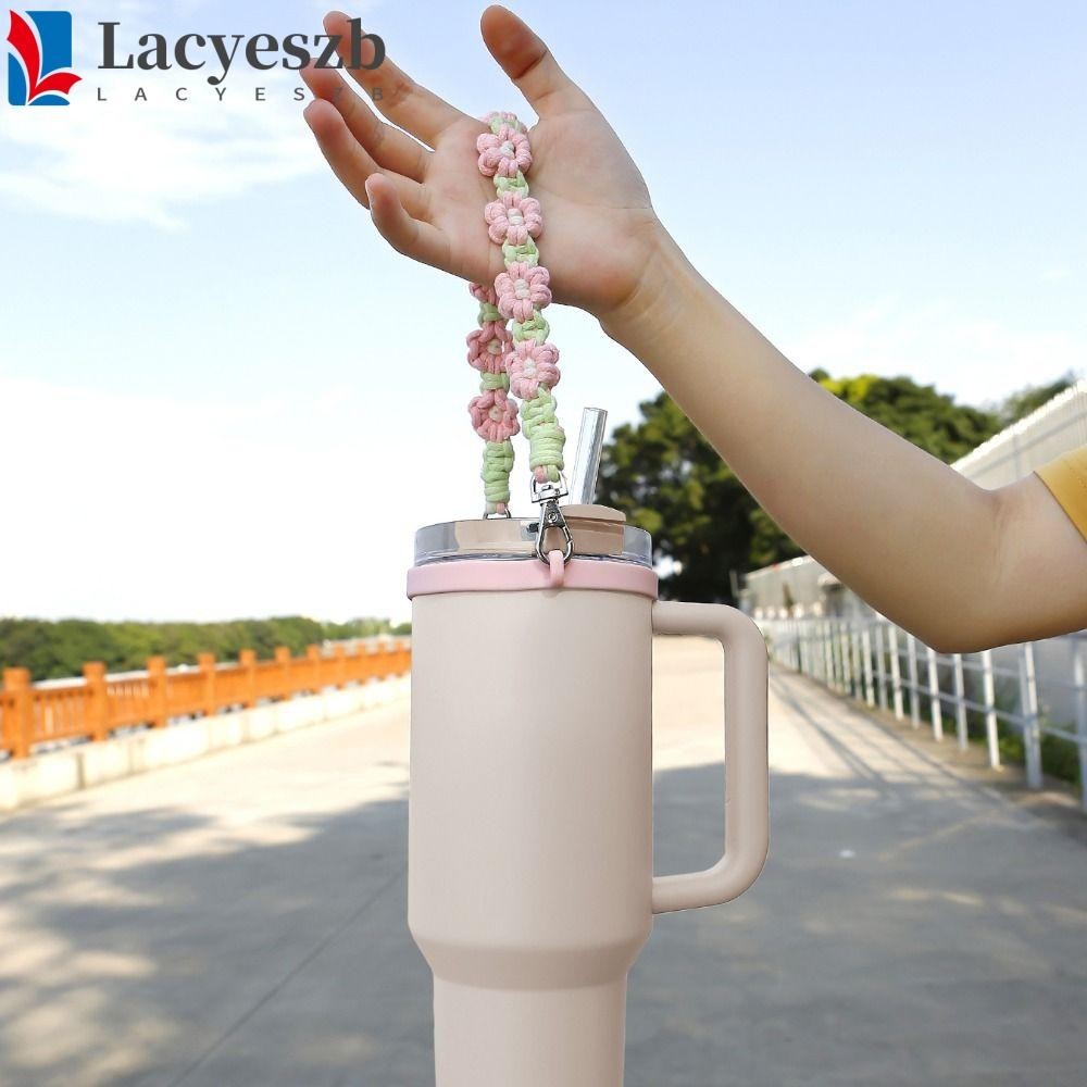 Lacyeszb ผู้ให้บริการถ้วยสายคล้องมือ, แหวนซิลิโคนทอมือ Daisy Drink Carrier, เชือกเส้นเล็กขวด Bohemian Universal Coffee Cup Carrying Strap Shopping