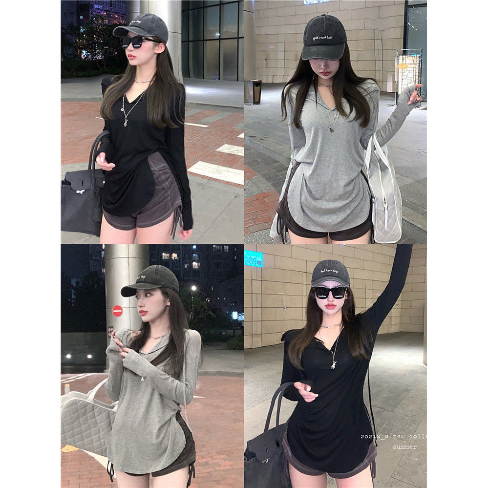 ฤดูร้อนสีเทาด้านบนเสื้อยืดผู้หญิง/เกาหลีรุ่นหลวมบางสไตล์แขนยาว