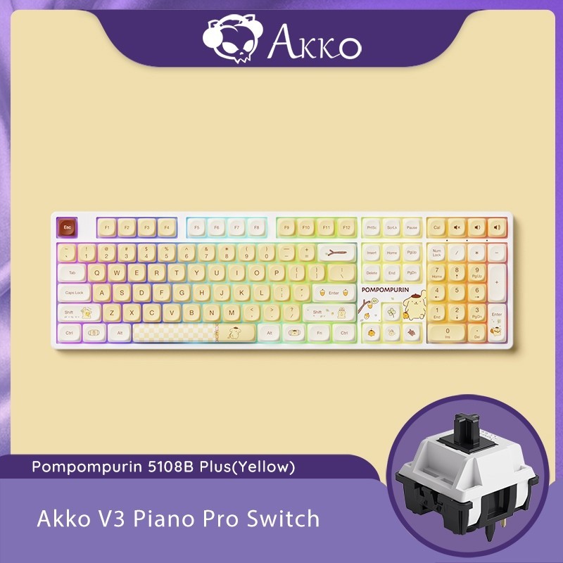Akko X Pompompurin Limited Edition 5108B Plus คีย์บอร์ดไร้สายขนาดเต็มพร้อมโปรไฟล์ RGB MOA แบบถอดเปลี่ยนได้ PBT Dye-Sub Keycaps