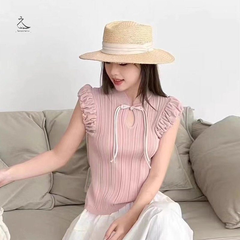 [HSSL] ใหม่ปุ่มย้อนยุคจีนคอตั้งแขนกุดบางถักยกทรงสําหรับผู้หญิง เอ็มซีแอล7717