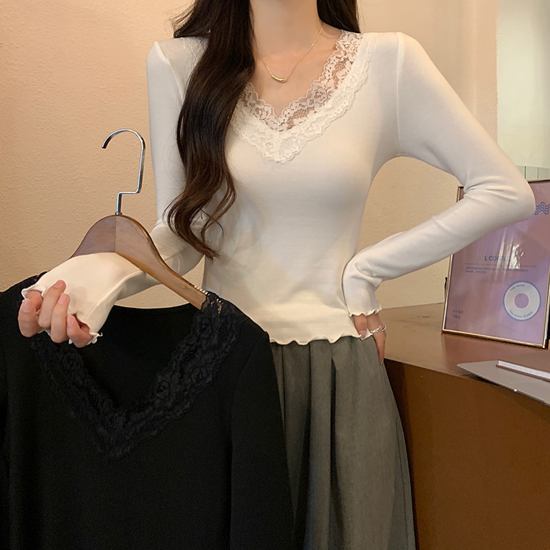 Girl เสื้อยืด (40-65 กก.) ผู้หญิงฝรั่งเศส Plus ขนาดแขนยาว Splicing ลูกไม้ T เสื้อแฟชั่น V คอ Tops