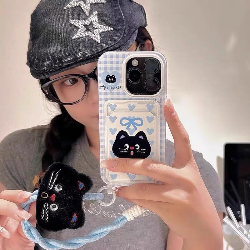 กระเป๋าใส่บัตรแมวลายสก๊อตสีฟ้าเหมาะสําหรับ แอปเปิล 16โปรแม็กซ์ 15 เคสโทรศัพท์ ไอโฟน 13 รุ่นใหม่ 14 พร้อมเชือกแขวน 12 การ์ด ที่ยึด 15โปรแม็กซ์ แอปเปิล 14มือโปร เคสโ