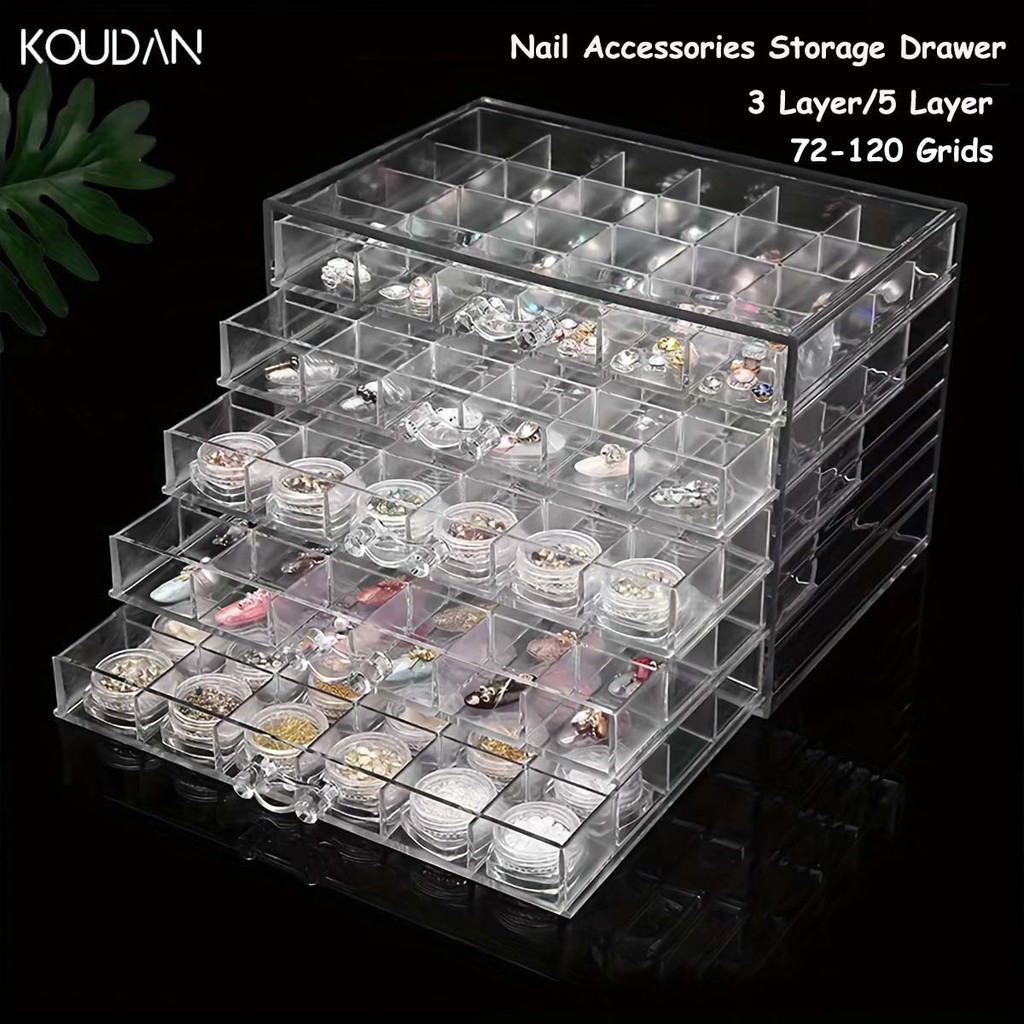 อุปกรณ์ทำเล็บ กล่องเก็บของ ลิ้นชัก Rhinestones กล่องอุปกรณ์เสริมจัดเก็บเล็บเครื่องมืออะคริลิคกล่องเก็บฝุ่น 5 ชั้น 120grid KOUDAN