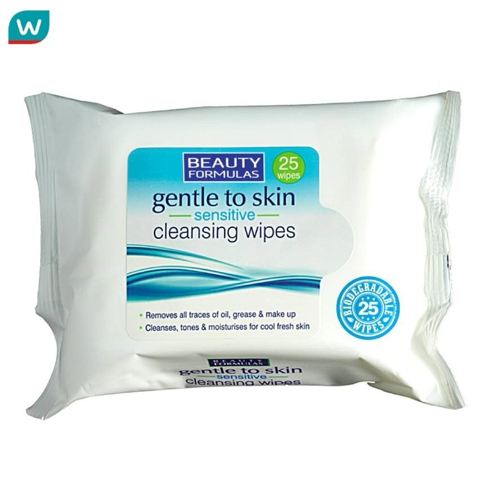 Beauty Formulas บิวตี้ ฟอร์มูล่าส์ เจนเทิล ทู สกิน เซนซิทิฟ คลีนซิ่งไวพ์ ทำความสะอาดเครื่องสำอางค์ 25แผ่น