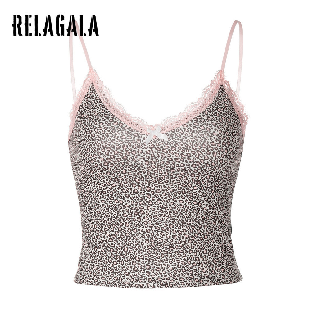 RelaGala ผู้หญิงแฟชั่นใหม่ลําลองเสือดาวพิมพ์ลูกไม้ V คอสลิง Crop Top