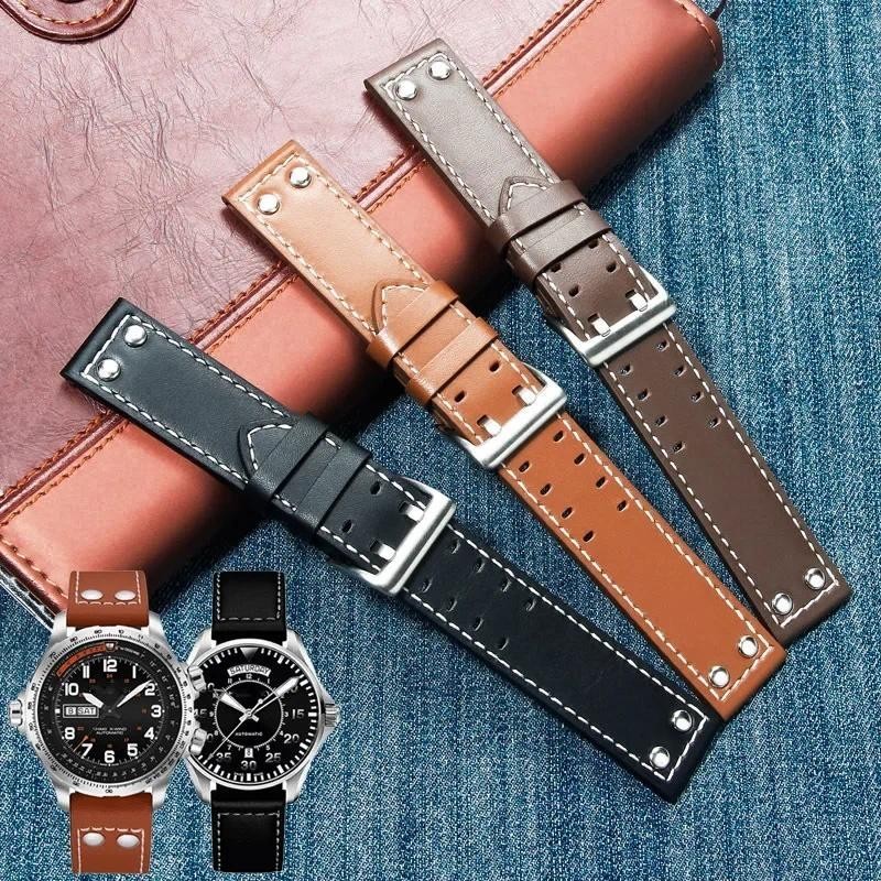 20mm22mm หนังคู่แถวรูหนังสายนาฬิกาสําหรับ Hamilton Seiko นาฬิกา Rivet Mens Military Pilot Khaki Fiel