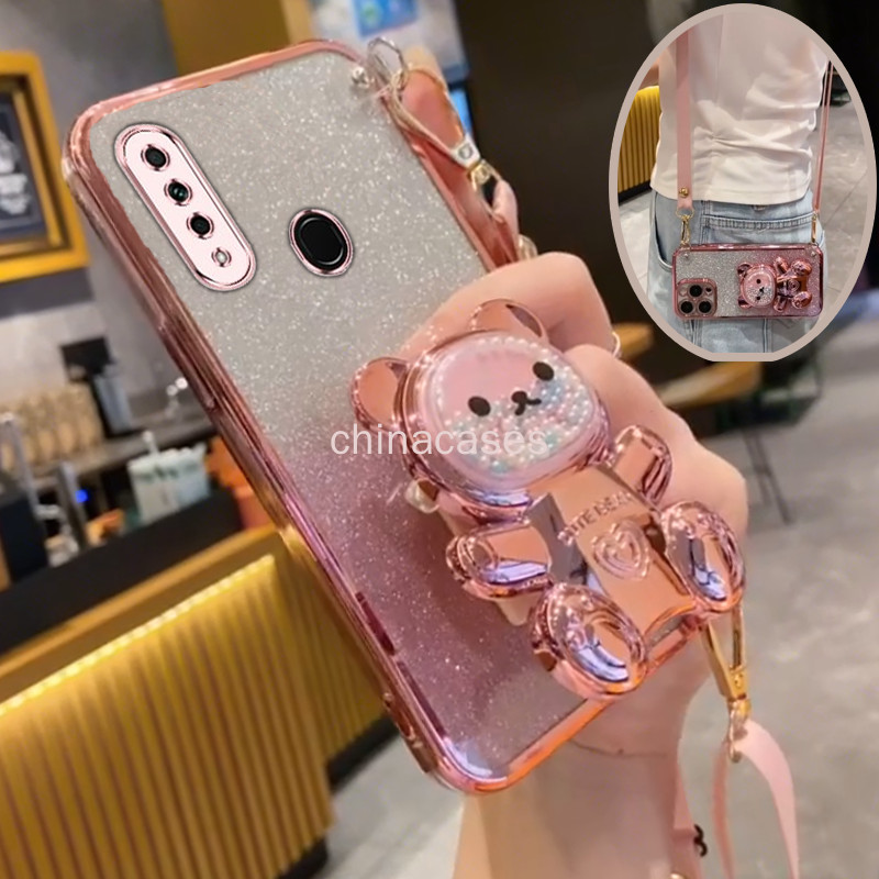 ปลอก OPPO A31 2020 กรณีไฟฟ้าโปร่งใส Glitter 3D Quicksand Bear Bracket เคสโทรศัพท์พร้อมCrossbody Lanyard