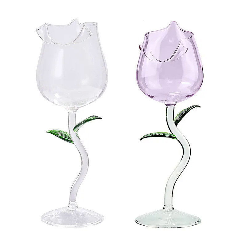 Rose-Shaped Red Wine Glasses Rose Shape Wine Glass With Colored Rose Leaves 150/280ml Rose Shaped Re