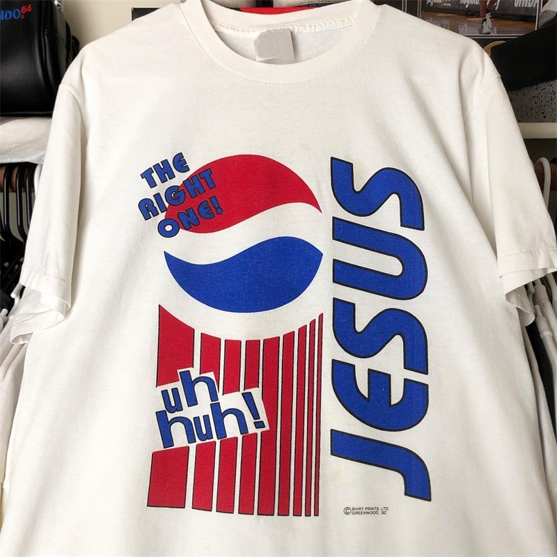 Ins super fire pepsi tide แบรนด์ retro street ผู้ชายและผู้หญิง vintage tee