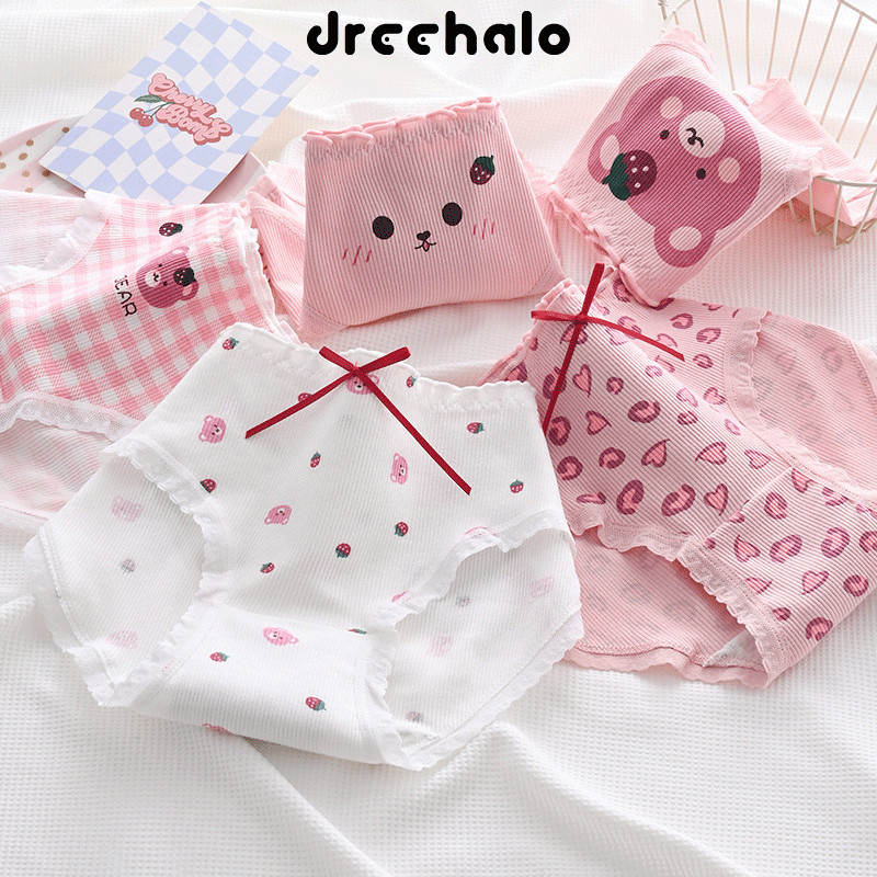 Dreehalo เอวสูงลายดอกไม้ระบายอากาศได้ดี ลายน่ารักและหวาน กางเกงชั้นใน กางเกงนักเรียนหญิง