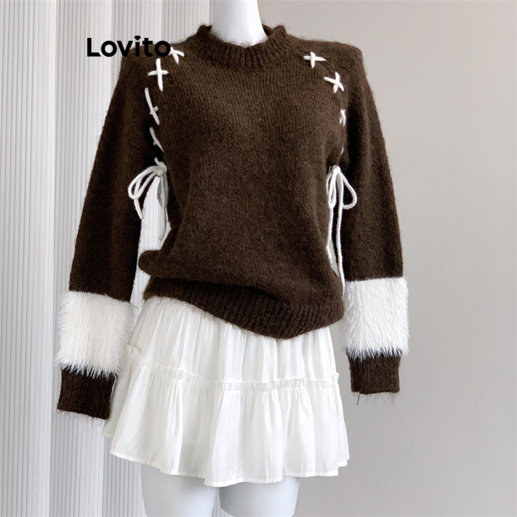 Lovito เสื้อสเวตเตอร์โบว์ธรรมดาสำหรับผู้หญิง LNA75517