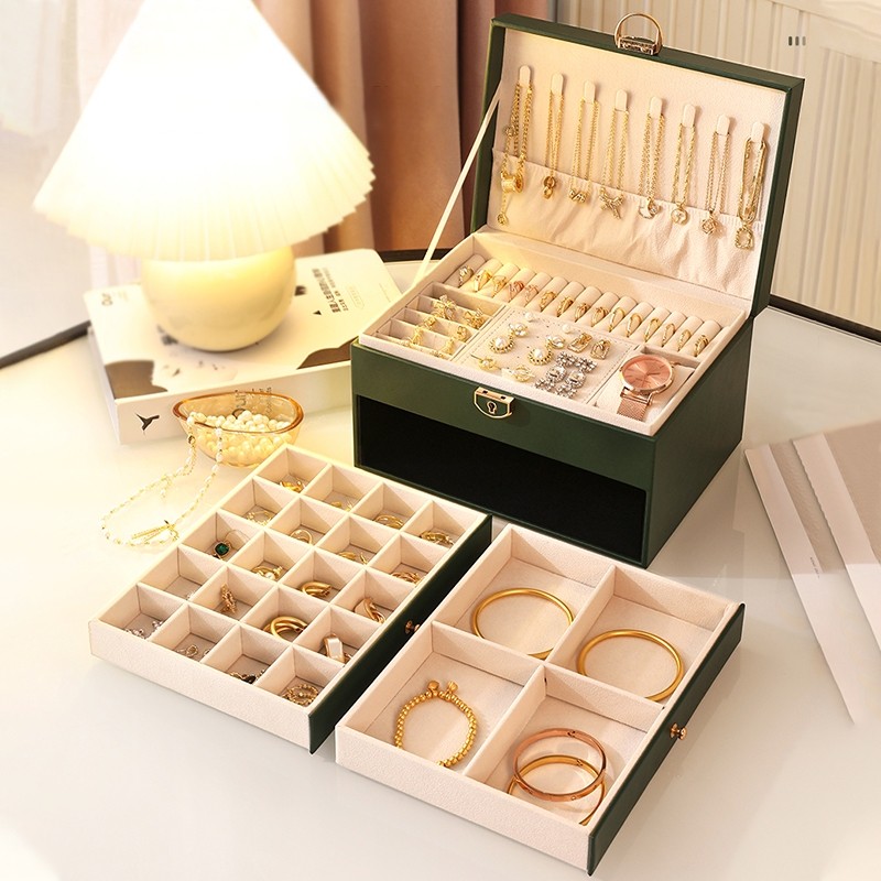 3 ชั้น กล่องเก็บเครื่องประดับ PU พรีเมียม คุณภาพสูง เก็บต่างหู สร้อยคอ แหวน กันฝุ่น แบบลิ้นชัก - รูปที่ 4