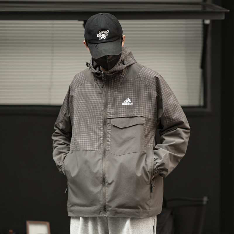 ปักโลโก้ Adidas Original Hooded Windbreaker Plain Jacket เสื้อกันลมกลางแจ้ง Unisex Windbreaker