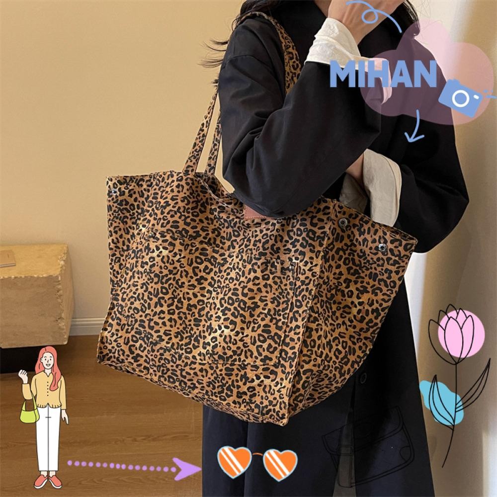 Mh Tote Bags, Deformable Large Capacity Underarm Bag, Casual Large Leopard Prints Canvas Shoulder Bag Women