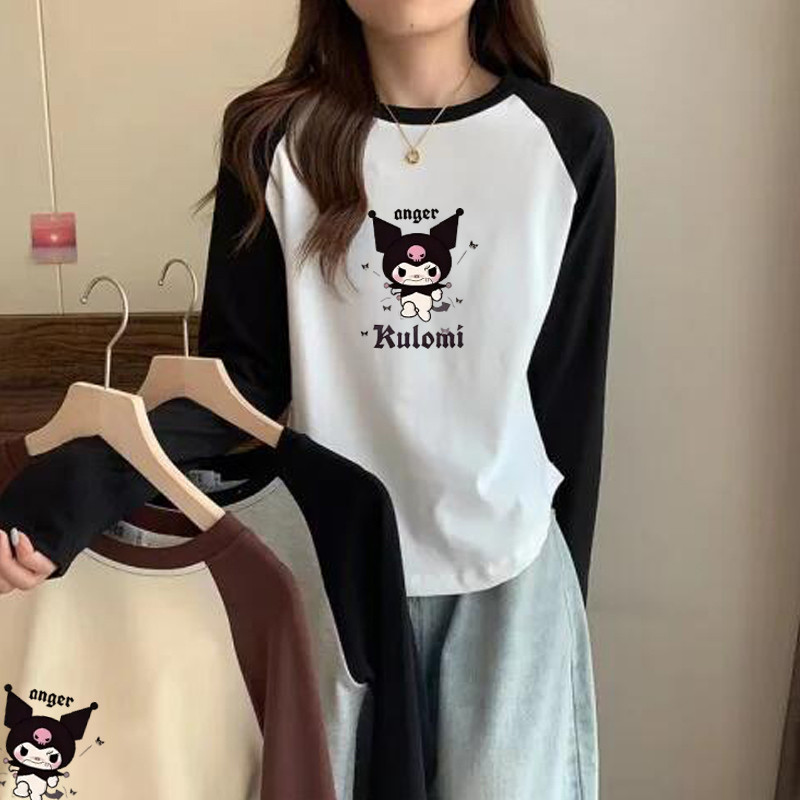 อะนิเมะคุโรมิการ์ตูนพิมพ์สีตัดกัน แร็กแลน แขนแขนยาวเสื้อยืดฤดูใบไม้ผลิและฤดูใบไม้ร่วงรอบคอด้านบนของผู้หญิง