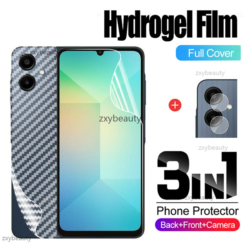 3in1 Soft Hydrogel ฟิล์มสําหรับ Samsung Galaxy A06 A05 5G 4G 2024 คาร์บอนฟิล์มด้านหลังสําหรับ SamsungA06 SamsungA05 ป้องกันหน้าจอกล้องเลนส์ Protector คลุมทั้งหมดฟิล์มเลนส์