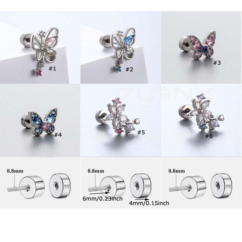 1 ชิ้นผีเสื้อรูปดอกไม้ต่างหูกระดูกอ่อน Stud Helix Pinna Lobe เจาะ 20Gauge หัวแบนพร้อมเพทาย