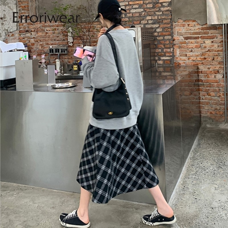 Erroriwear ผู้หญิง Midi กระโปรง 2024 ลายสก๊อตสีตัดกันเอวสูง Slim Fit Casual A-line กระโปรง