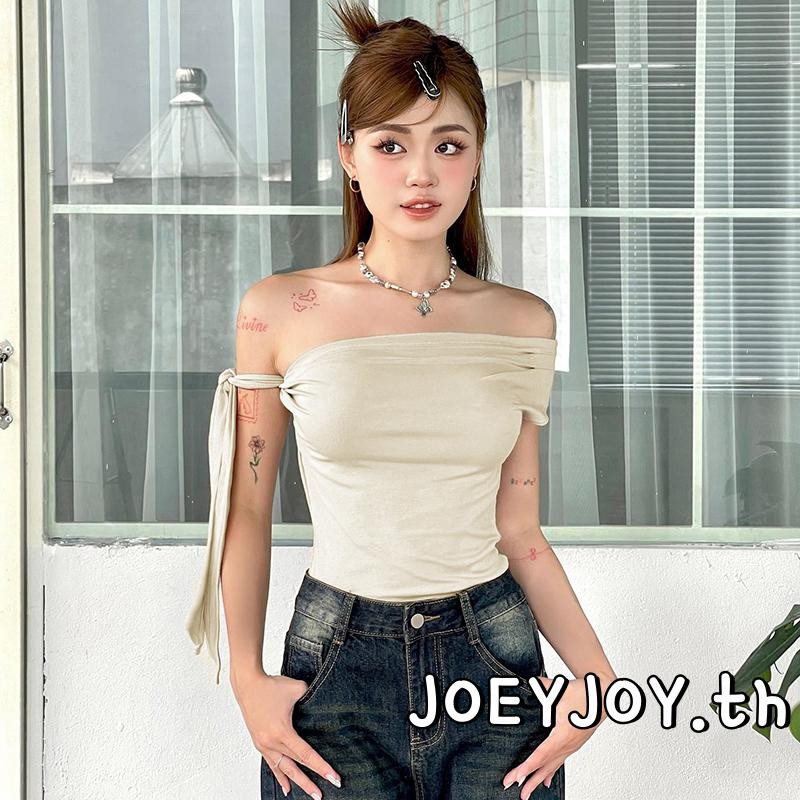 Joeyjoy-เสื้อไหล่เดียวของผู้หญิงฤดูร้อน Ruched Slash Neck Tie-Up เสื้อยืดแขนสั้นครอป - รูปที่ 6
