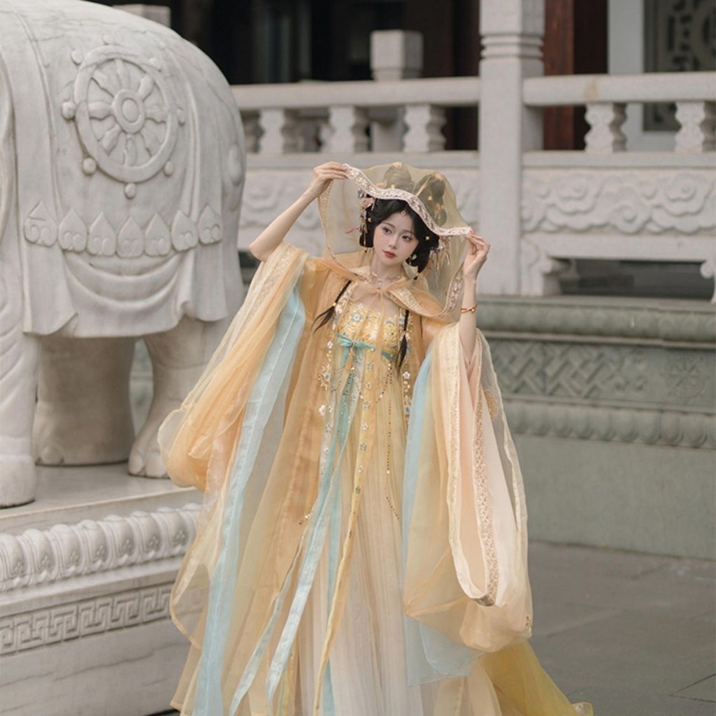 Shan Hai Ji พระราชชายาอันงดงามสไตล์ Tang กระโปรงหน้าอกปักเสื้อคลุมแขนใหญ่ Hanfu ที่งดงามทุกวันนางฟ้า Yingluo